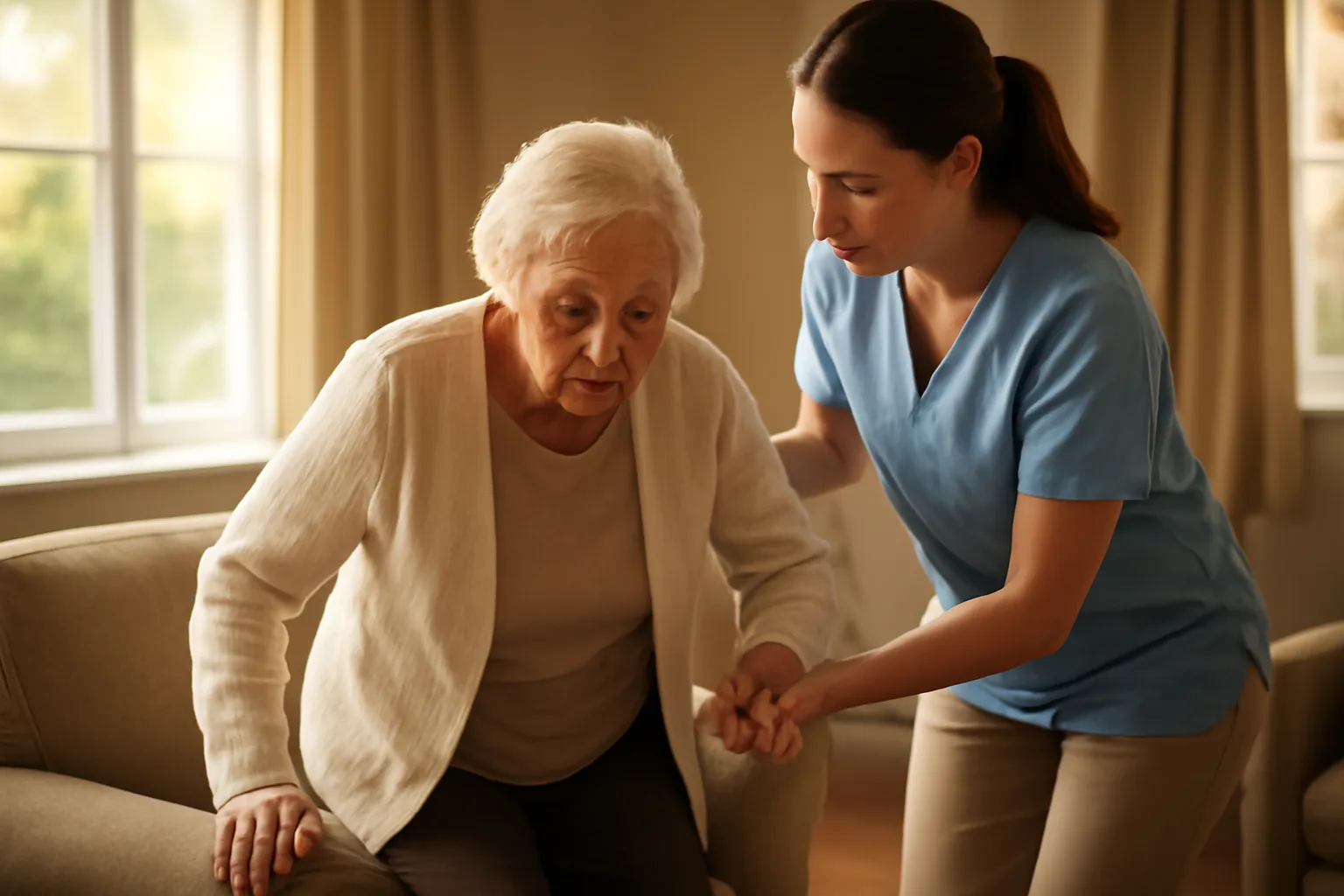 Caregiver helping an elderly resident stand in a sunlit residential care facility for the elderly common room
