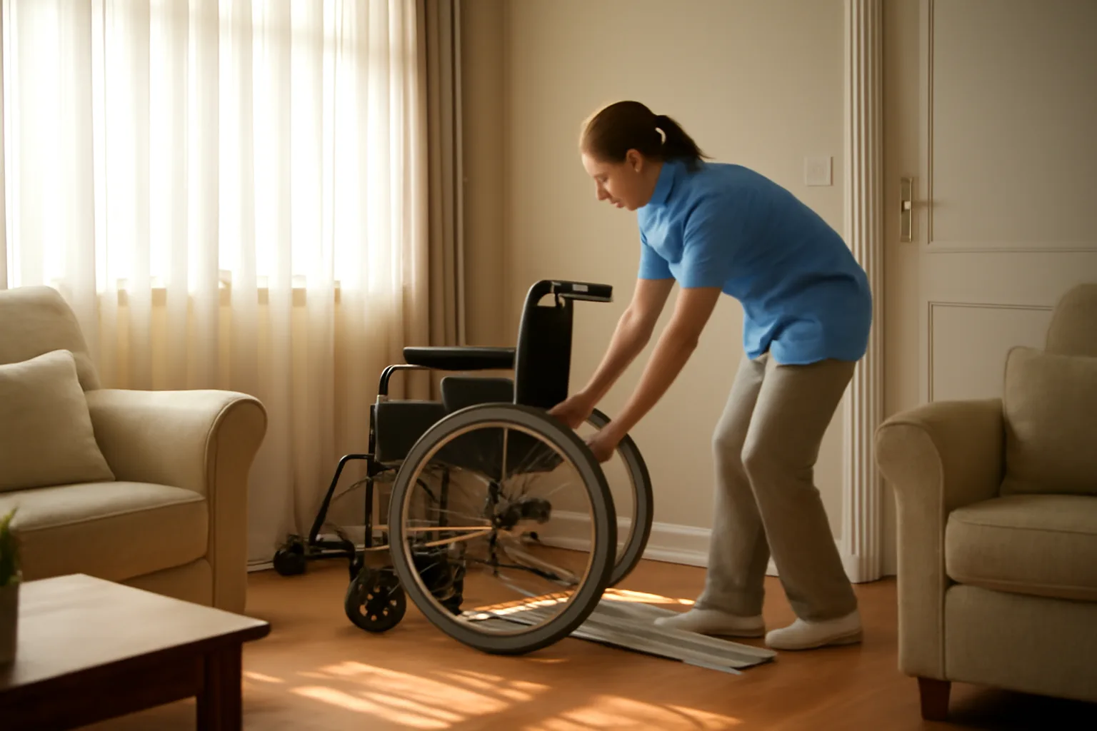 Caregiver adjusting an accessible ramp rail inside a licensed residential care facility living room