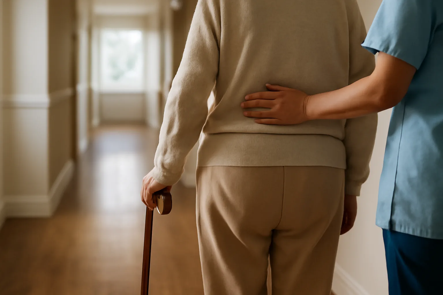 Caregiver assisting an elderly resident walking down a sunlit residential care facility hallway
