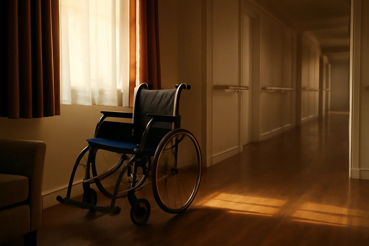 Sunlit hallway with handrails inside a licensed residential care home