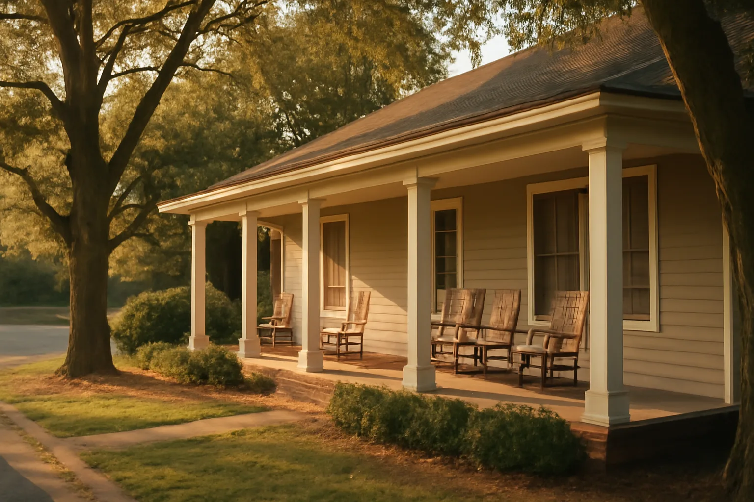 Sunlit residential care home exterior compared conceptually to a larger assisted living building