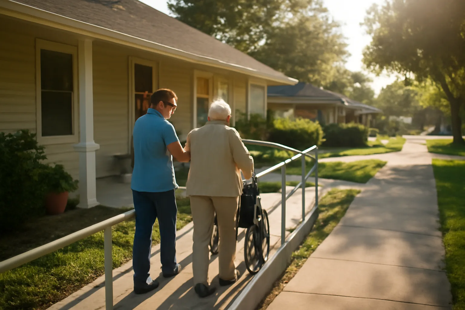 Caregiver helping an elderly resident walk up the ramp of a residential care home