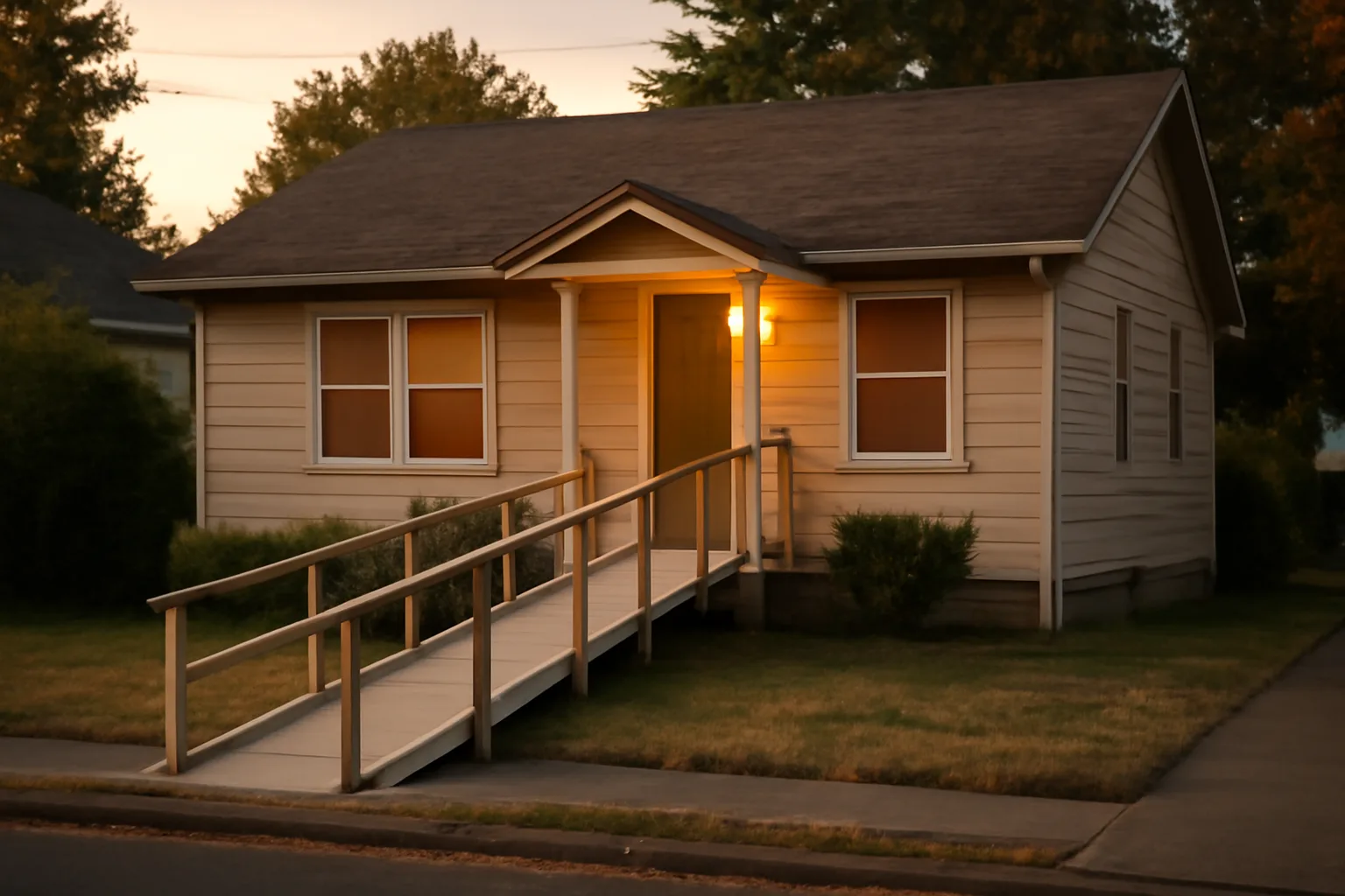 Suburban house used for residential care with a wheelchair ramp at golden hour