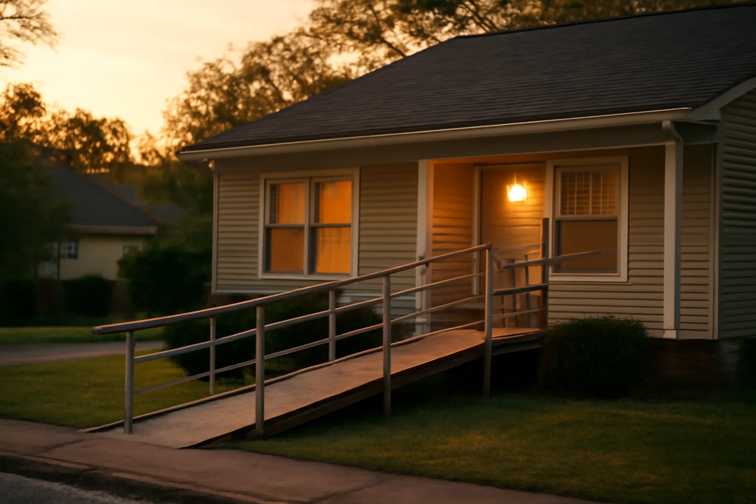 Single-story residential group home exterior with wheelchair ramp at dusk