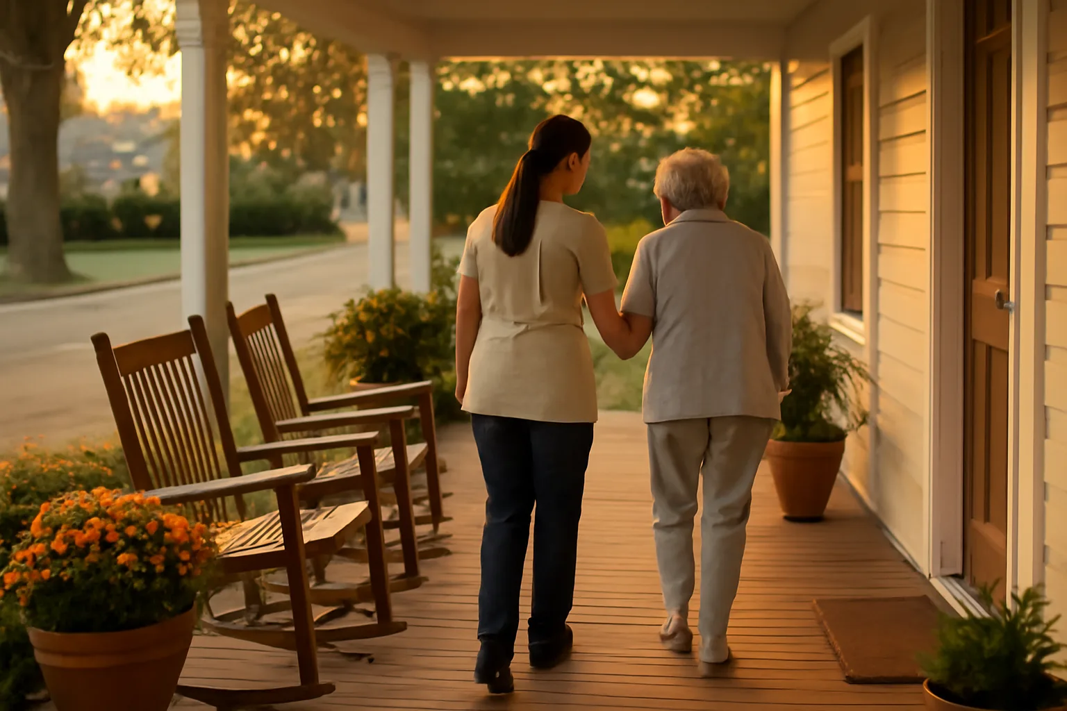 Caregiver helping an older woman up the porch steps of a retirement assisted living community