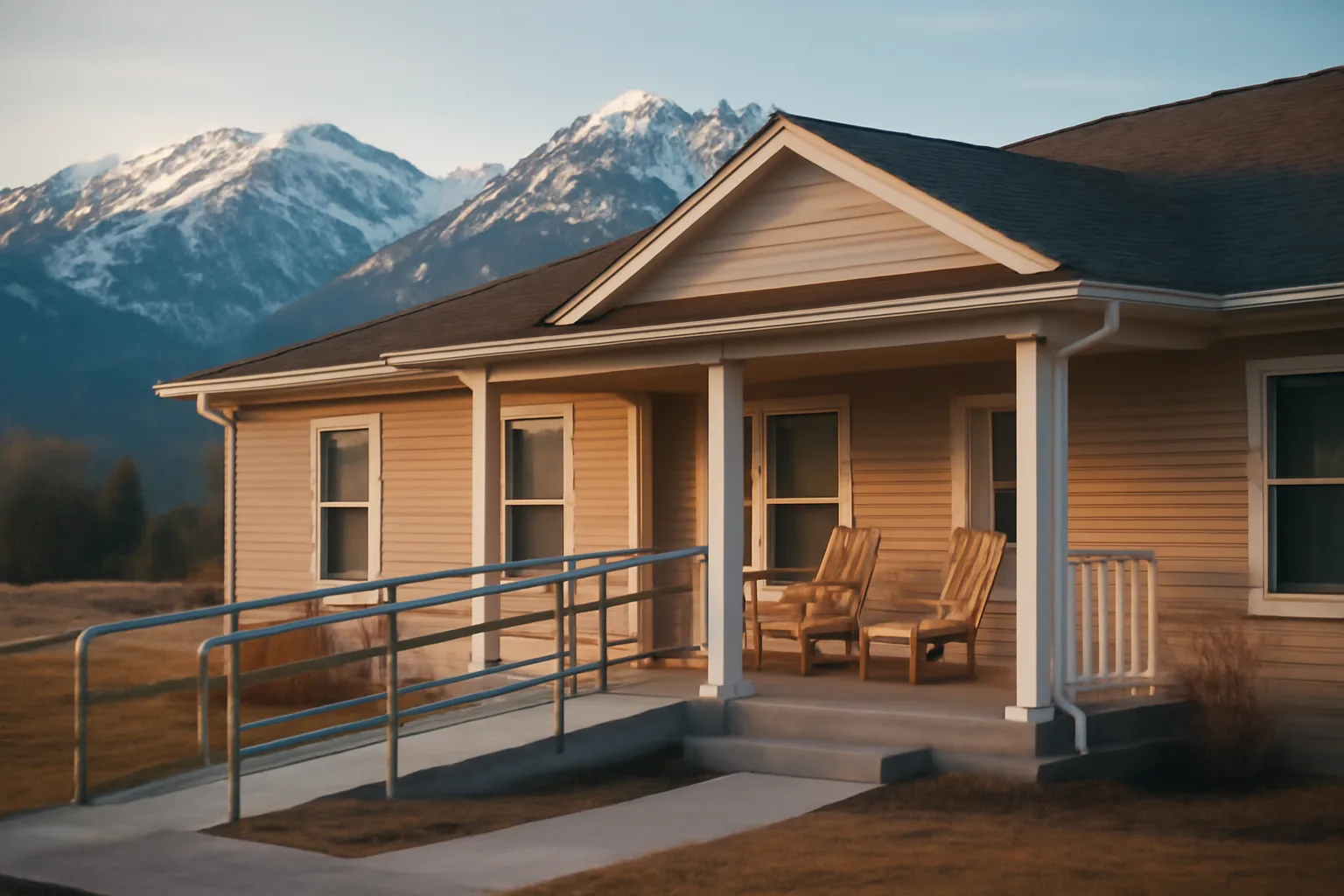A residential assisted living home with a ramp sits below Rocky Mountain foothills at sunrise.