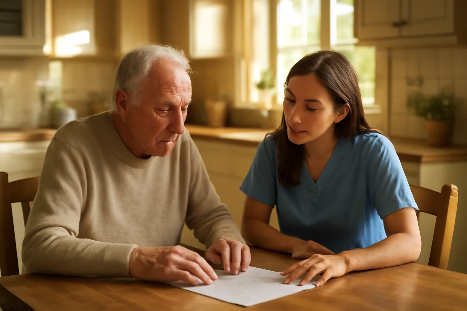 Caregiver and older resident sitting together at a kitchen table in a group home