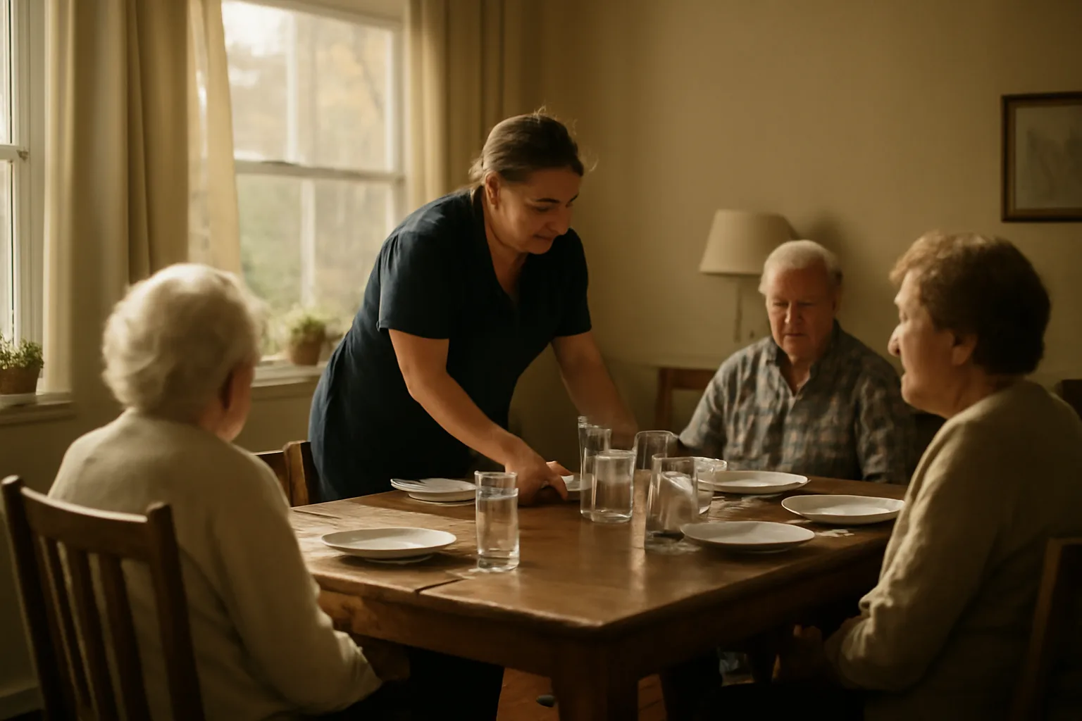 Caregiver setting a dining table in a licensed group home kitchen at dusk