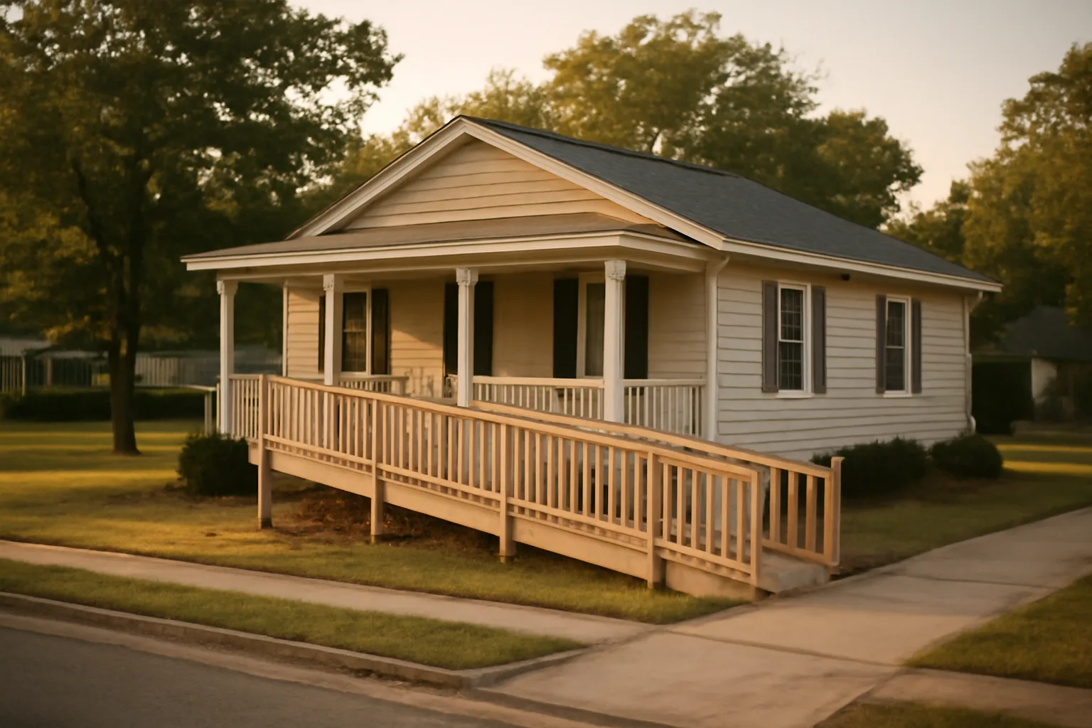 Single-story residential group home with wheelchair ramp in a quiet neighborhood