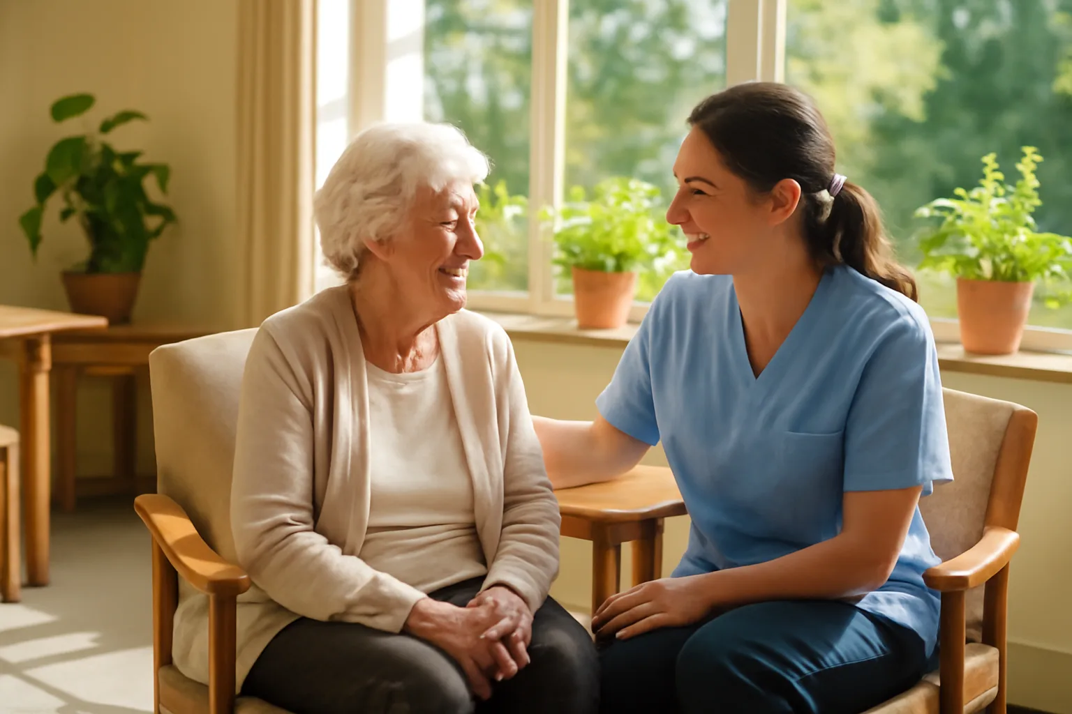 Caregiver and older adult resident sitting together in a sunlit assisted living common room