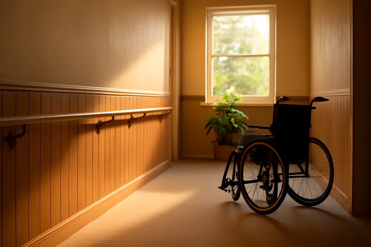 Sunlit hallway with handrails inside a small senior assisted living facility