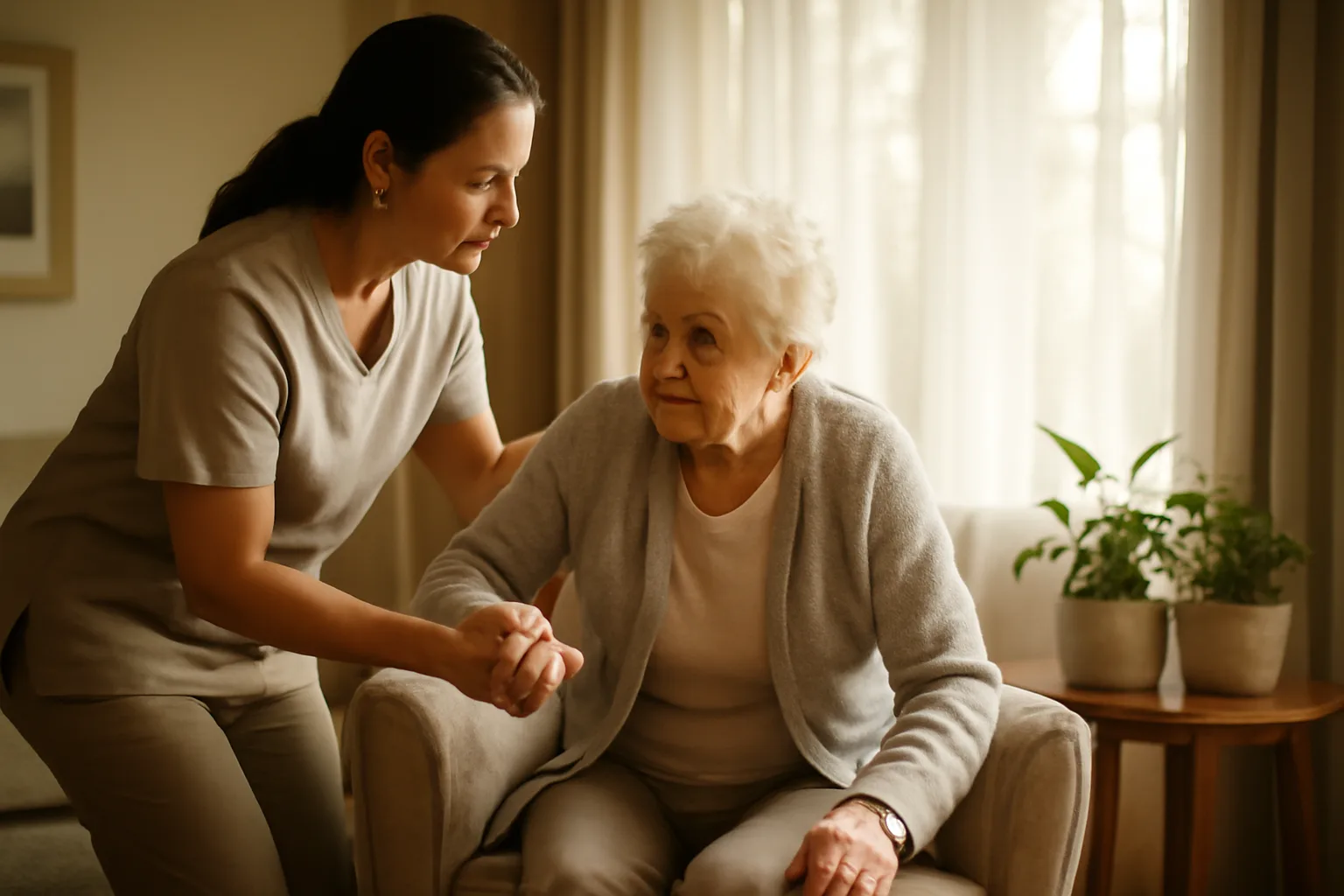 Caregiver assisting an elderly woman in a sunlit senior assisted living facility living room