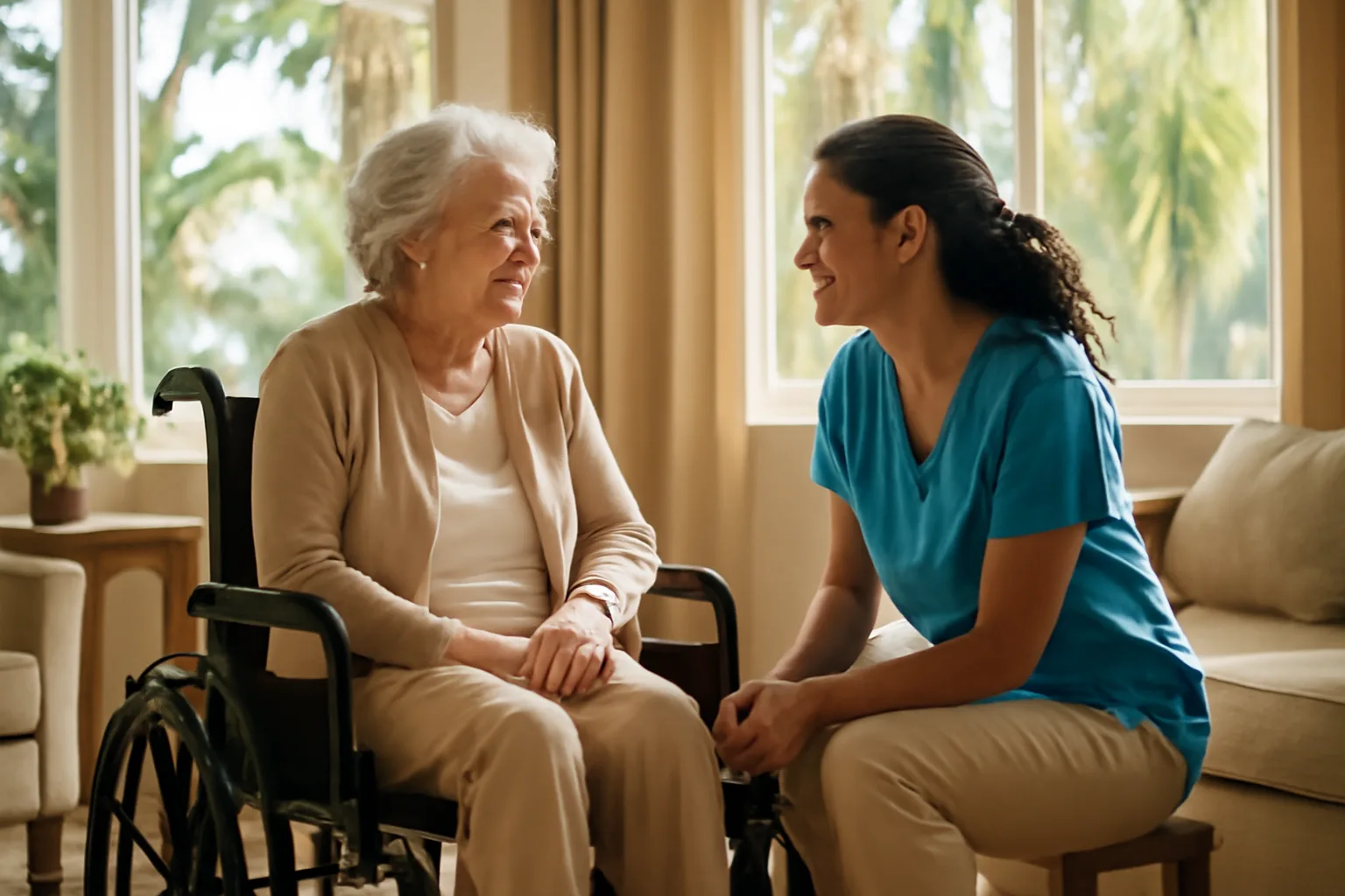 Caregiver and elderly resident talking in a sunlit Florida assisted living common room