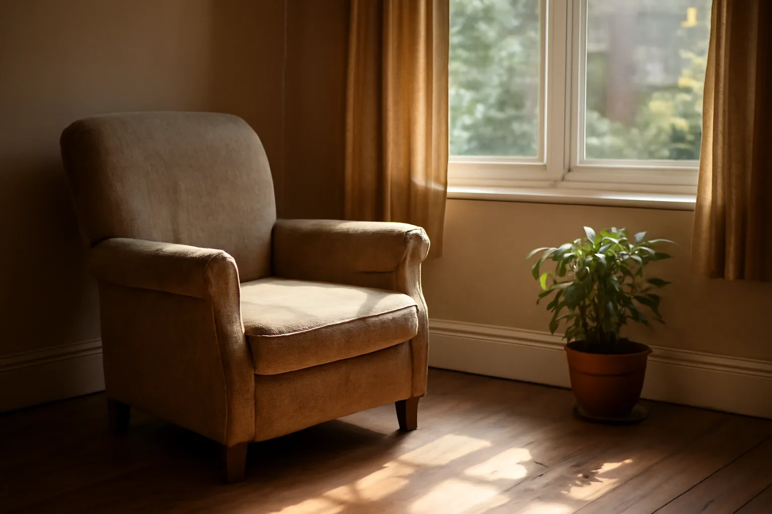 Sunlit empty common room in a small senior assisted living group home with an armchair by a window