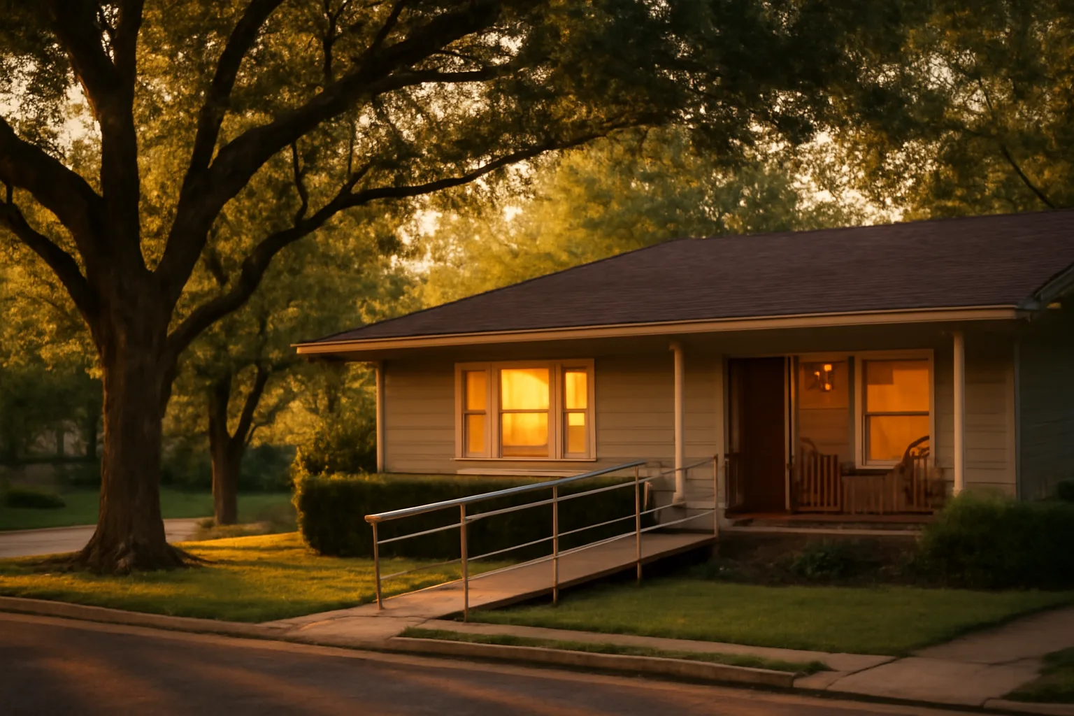 Ranch-style residential care home with wheelchair ramp and porch at golden hour