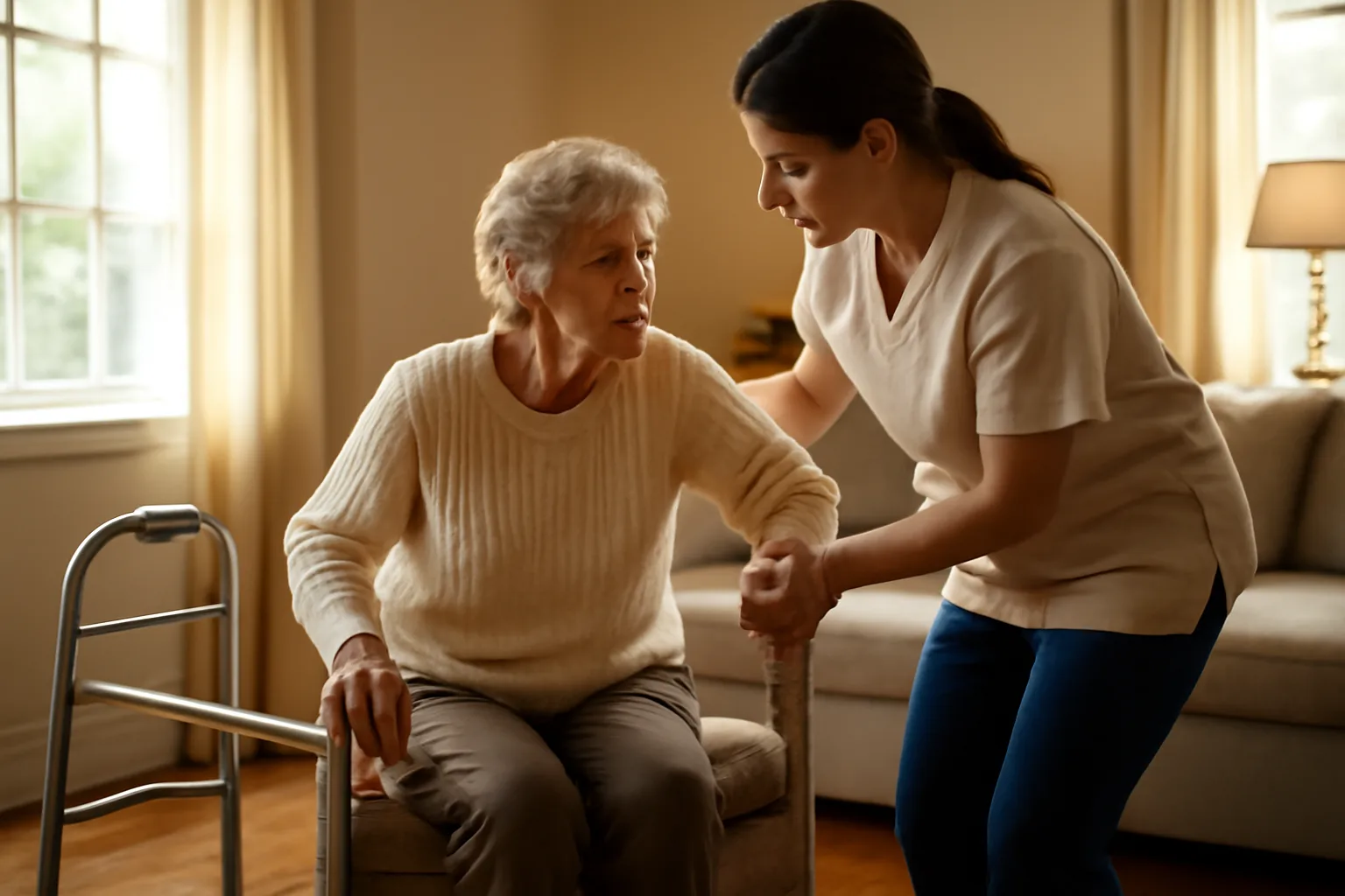 Caregiver assisting an older resident in a small residential assisted living home living room