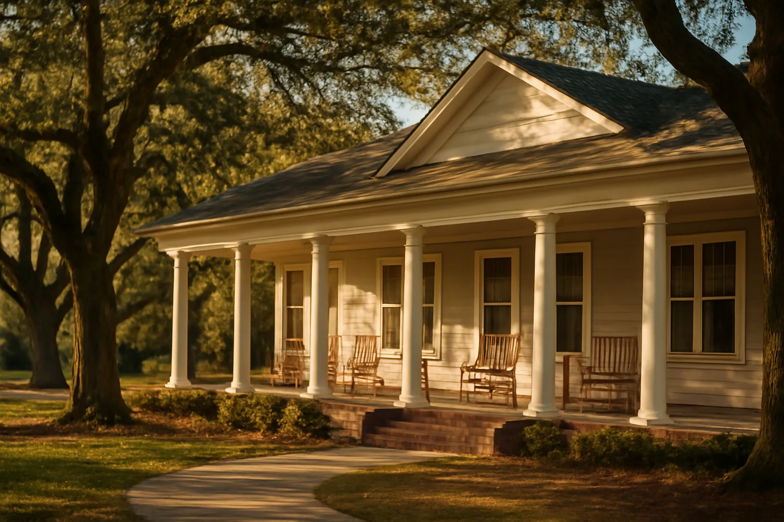 Front porch of a South Carolina assisted living residence in late afternoon sunlight