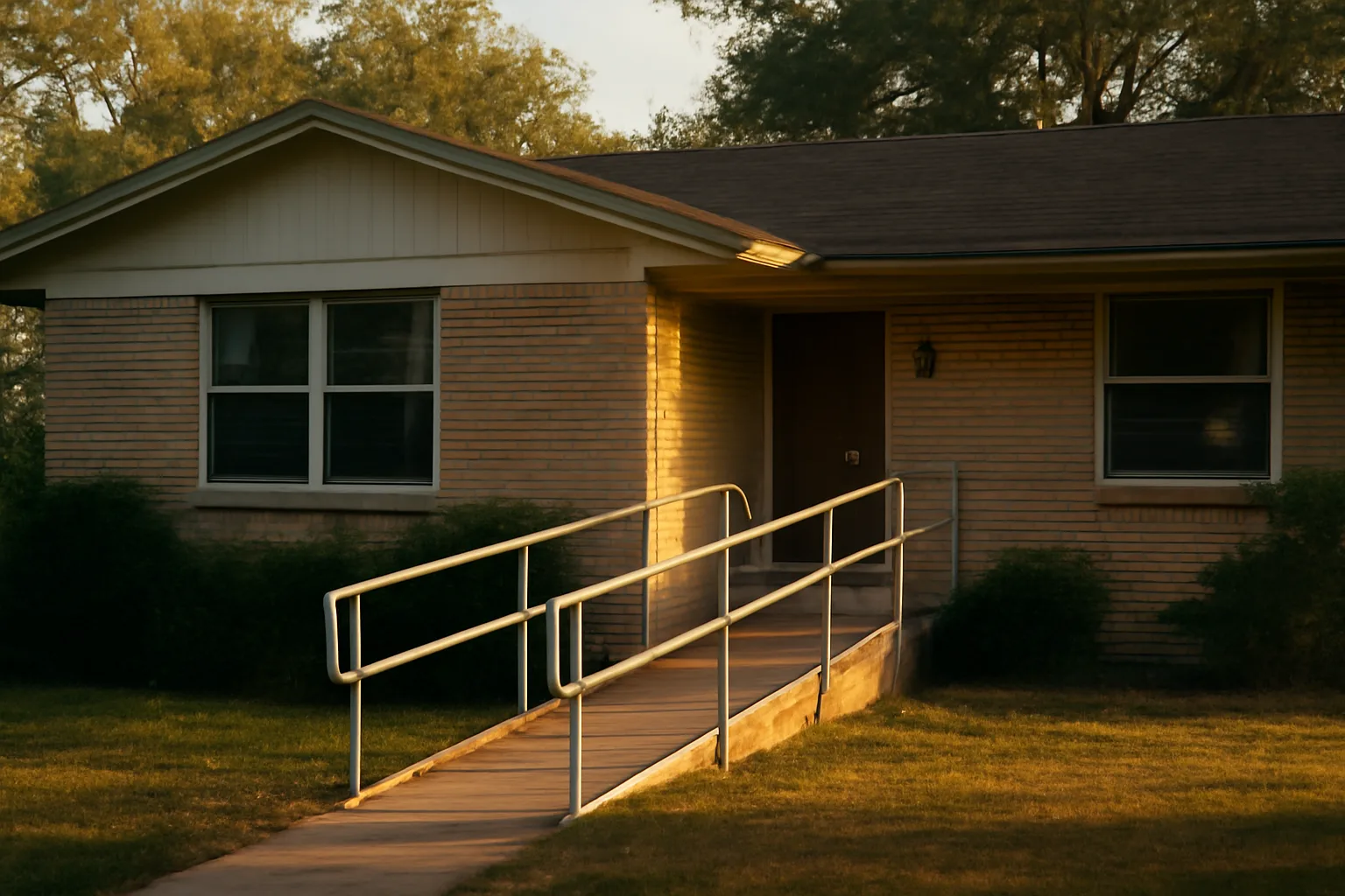 Single-story Texas home with a wheelchair ramp, representing a residential group home property