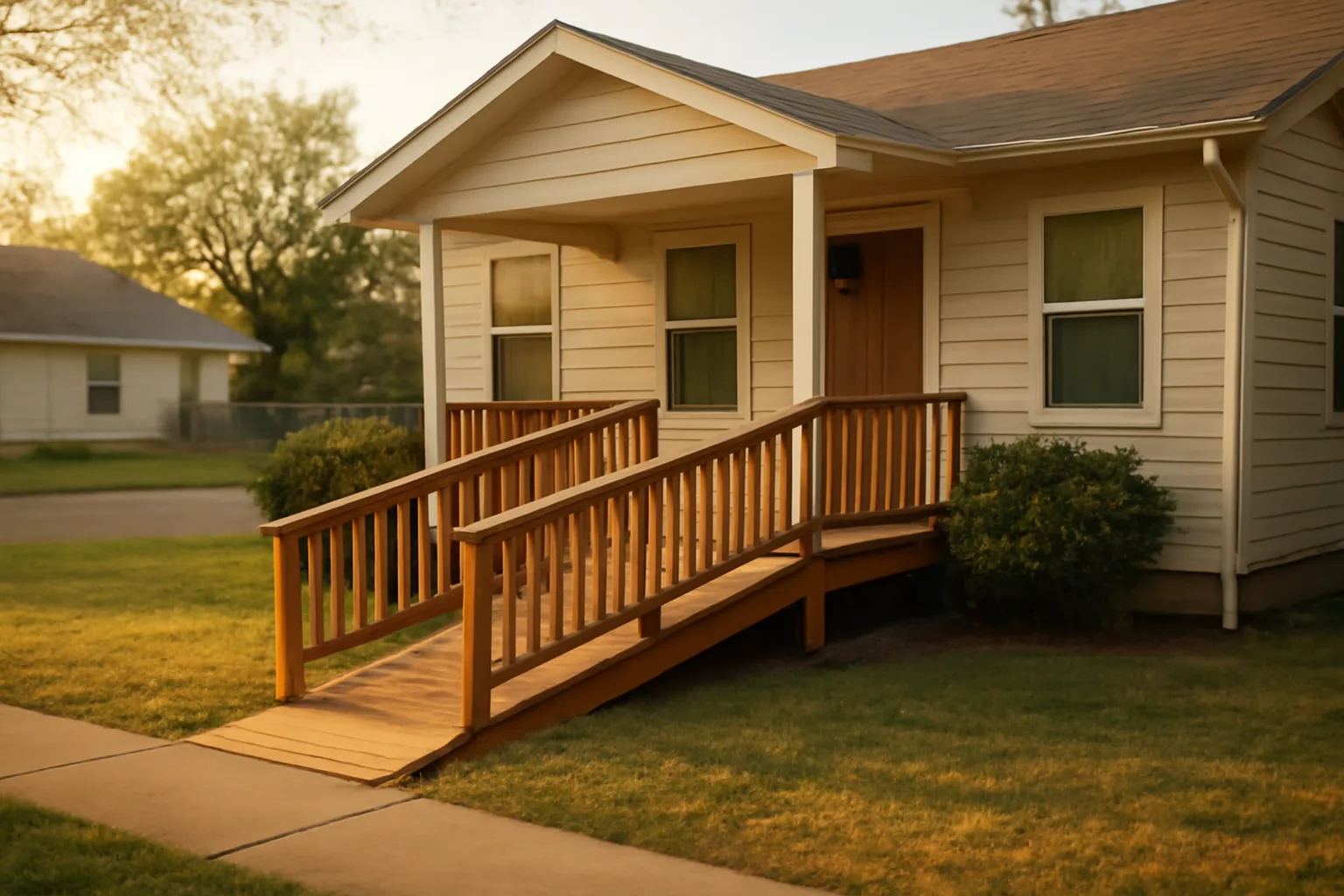 Single-story residential house with wheelchair ramp representing starting a group home in Texas