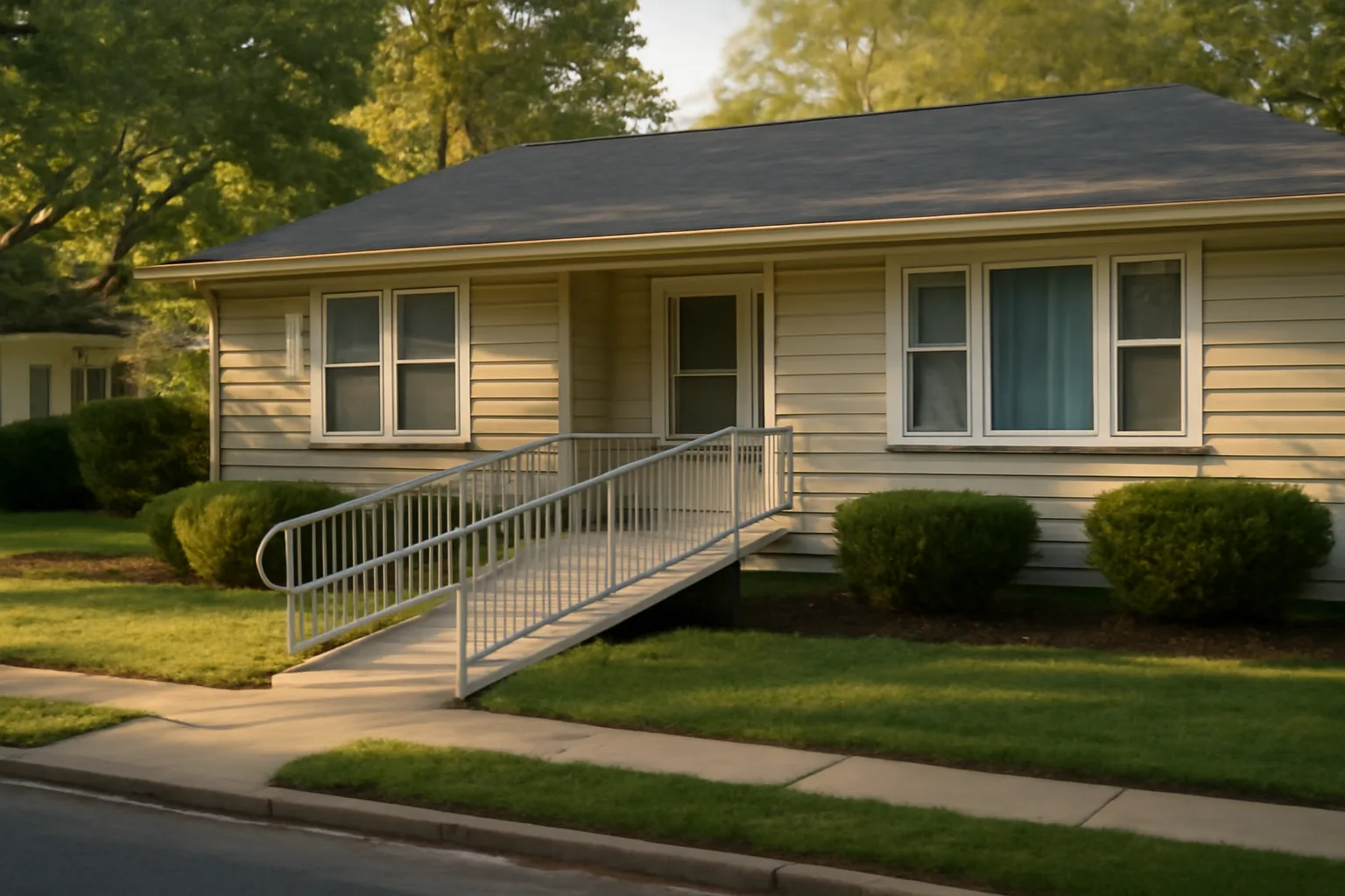 Ranch-style house with wheelchair ramp representing a licensed group home property