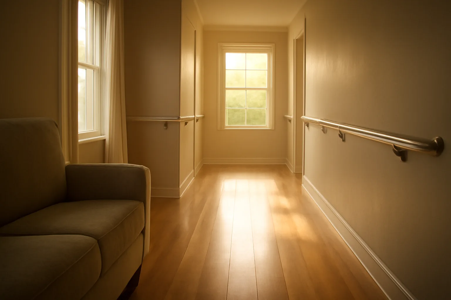 Hallway with handrails inside a converted home preparing to open as a Texas assisted living facility