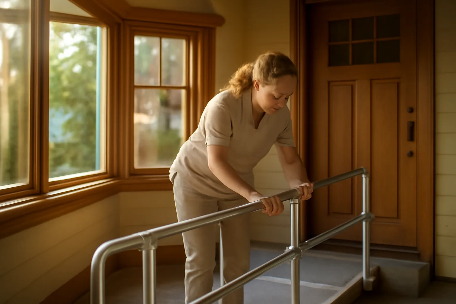 Caregiver adjusting a ramp railing outside a converted residential assisted living home