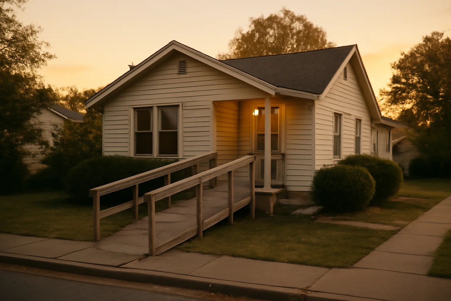 Single-story residential home with a wheelchair ramp, representing starting group homes