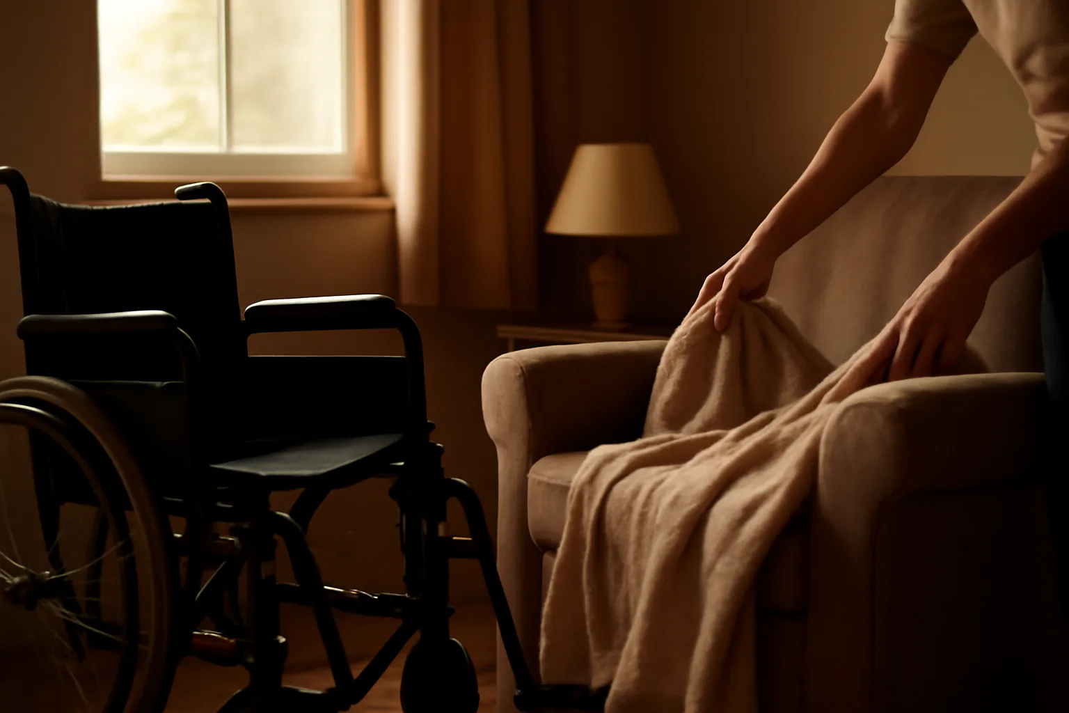 Caregiver adjusting a blanket in a sunlit assisted living facility common room