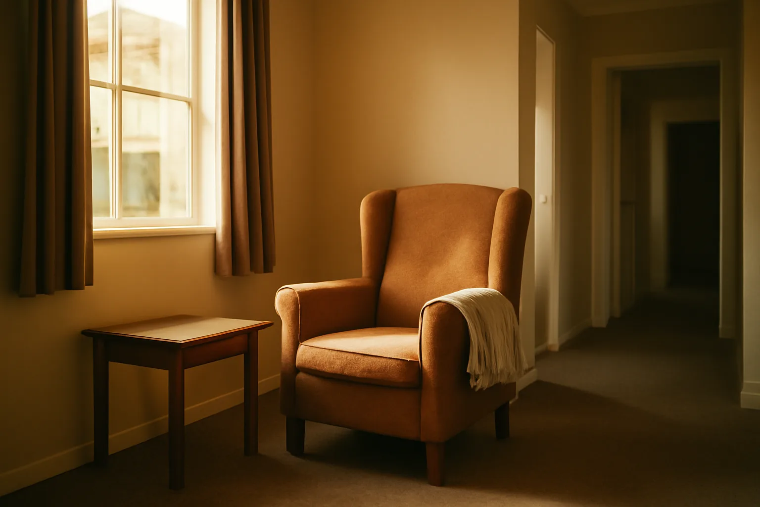 Sunlit living room in a small residential assisted living group home setting