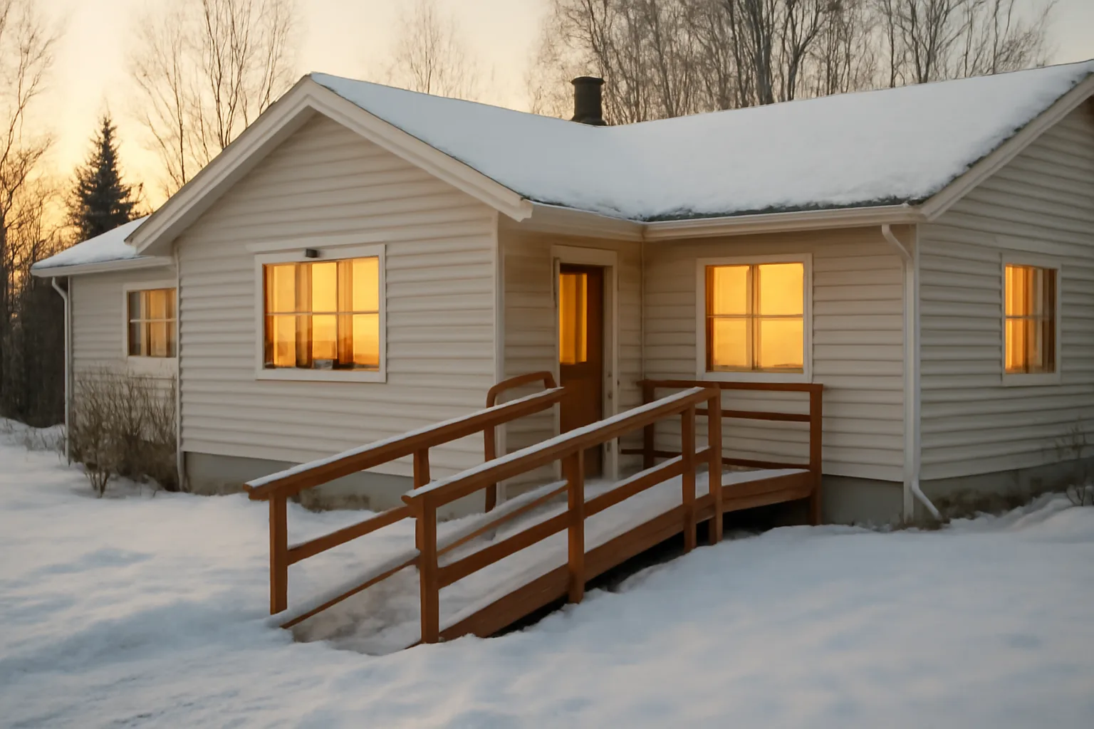 Snow-covered residential home in Alaska with wheelchair ramp, representing assisted living home licensing