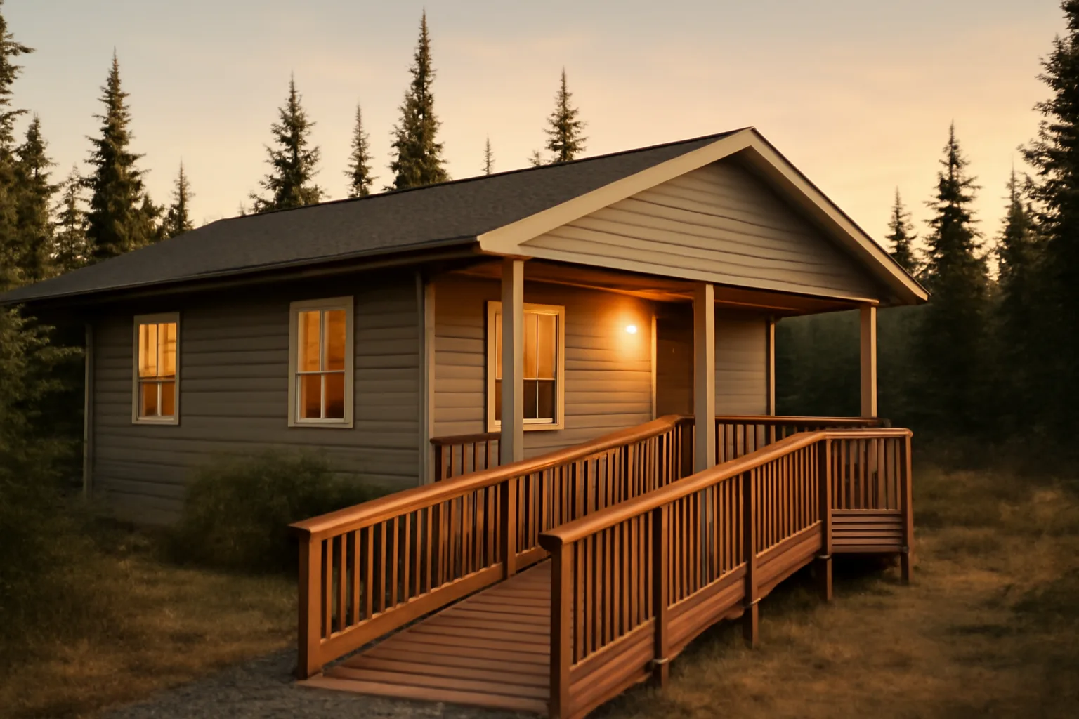 Small residential assisted living home exterior in Alaska during evening light