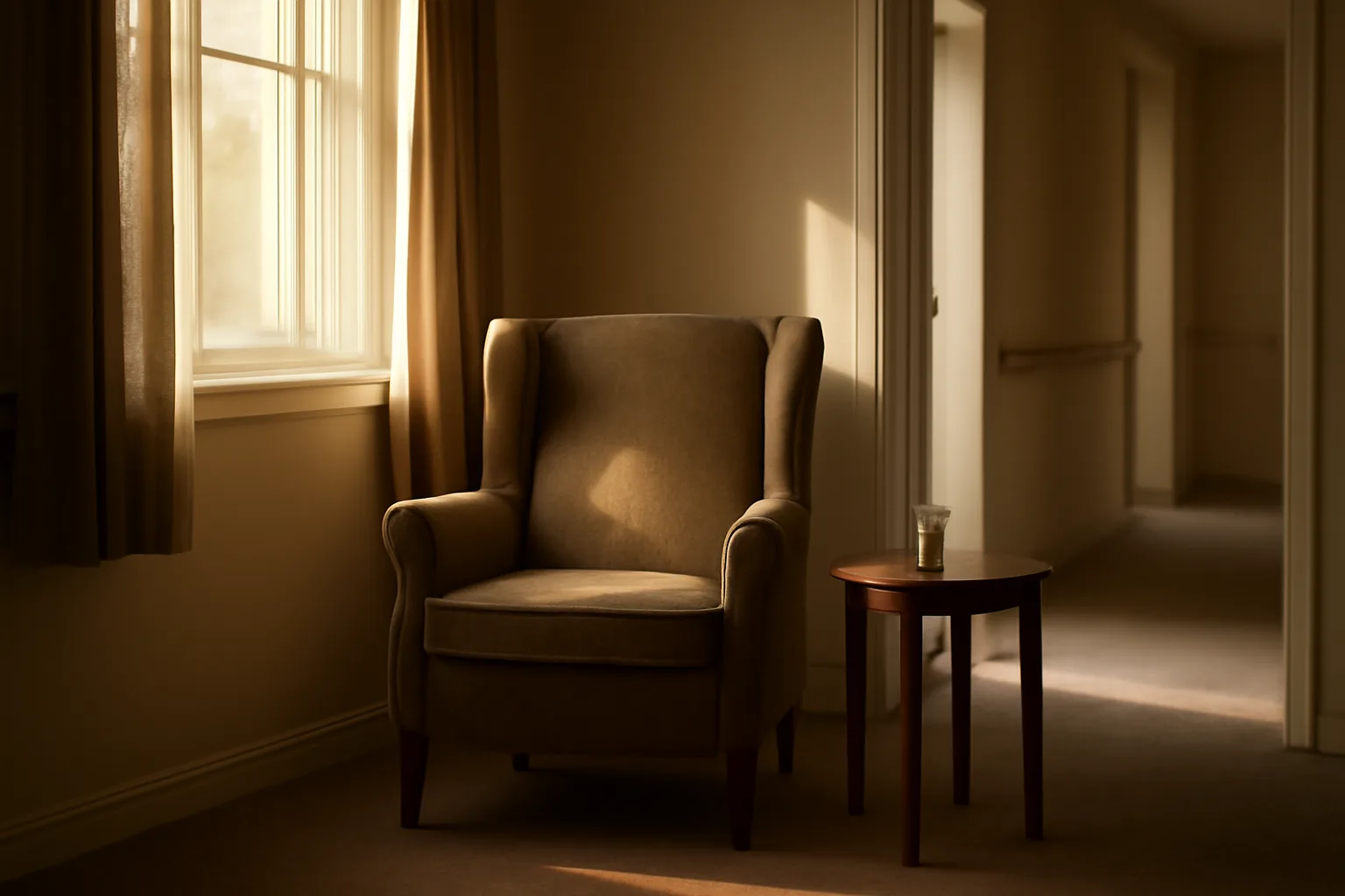 Sunlit living room and hallway with handrail inside a California assisted living residential care home