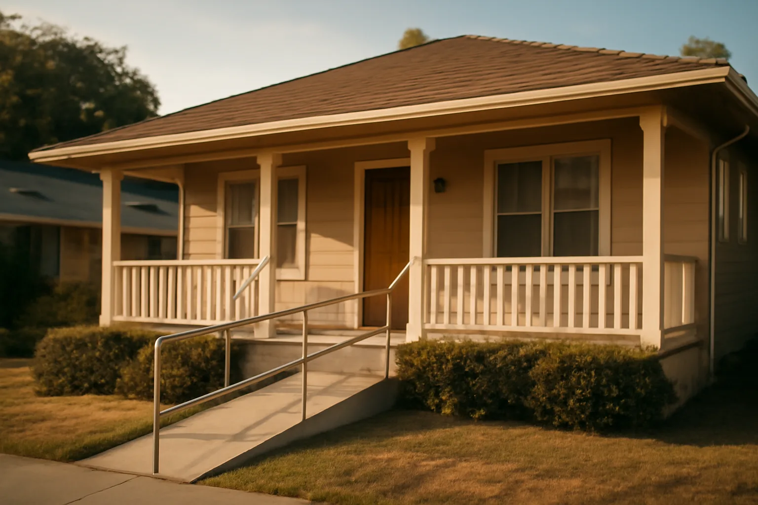 California residential care home exterior with wheelchair ramp representing group home licensing