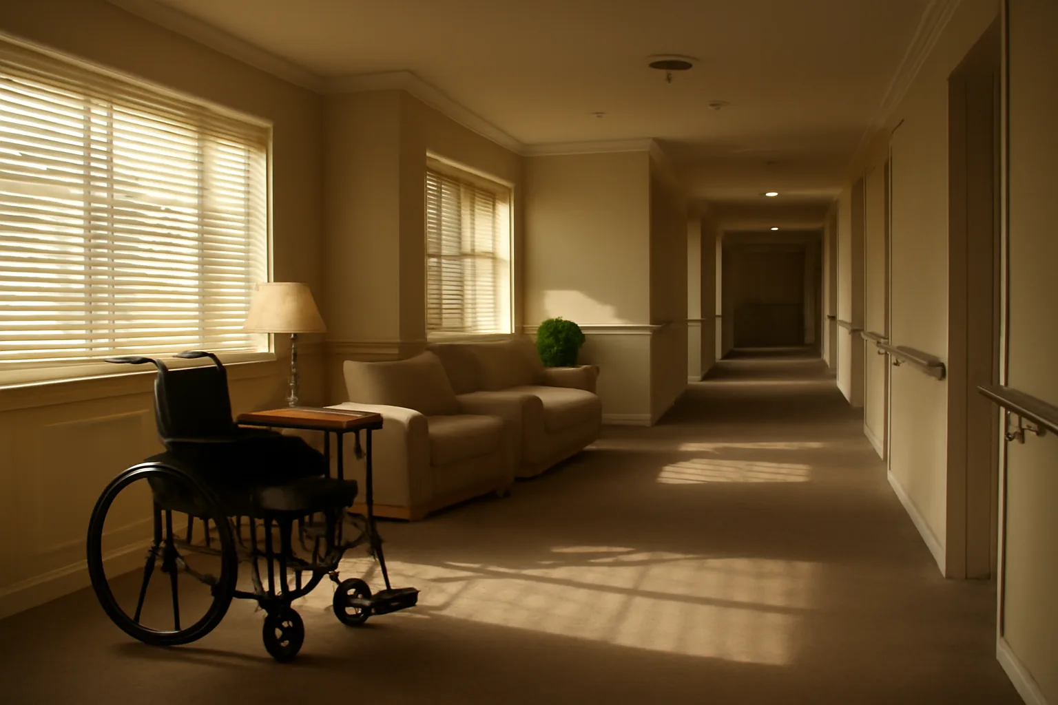 Sunlit hallway with handrails inside a Florida assisted living facility