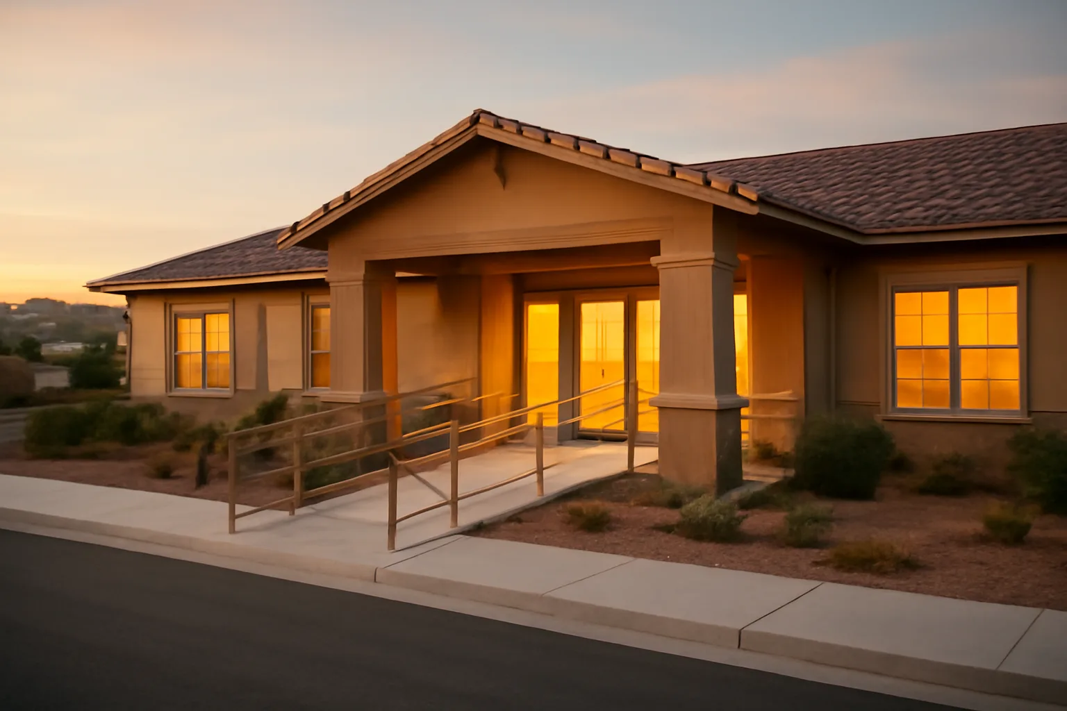 Exterior of a licensed Nevada group home with accessible ramp at dusk