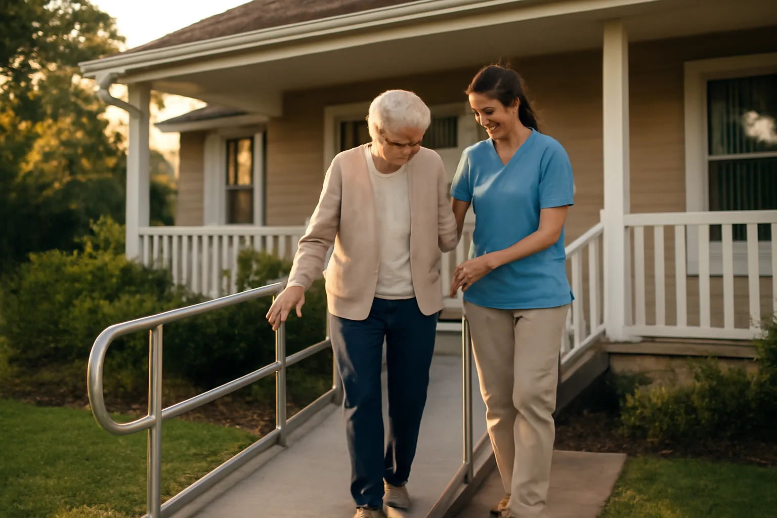 Caregiver assisting elderly resident down a ramp outside a licensed assisted living home