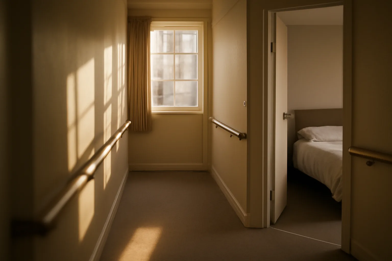 Sunlit hallway with handrails inside a licensed residential assisted living facility