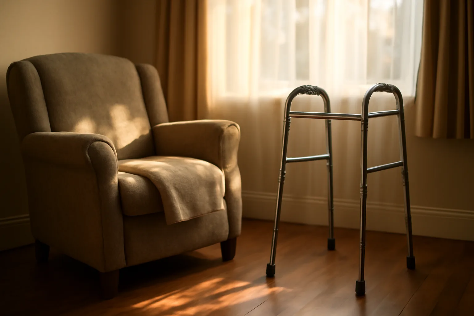 Sunlit living room in a residential assisted living home with an empty chair and walker