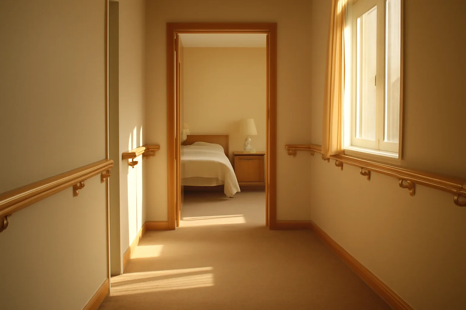 Sunlit hallway inside a small Tennessee assisted living facility with wood handrails