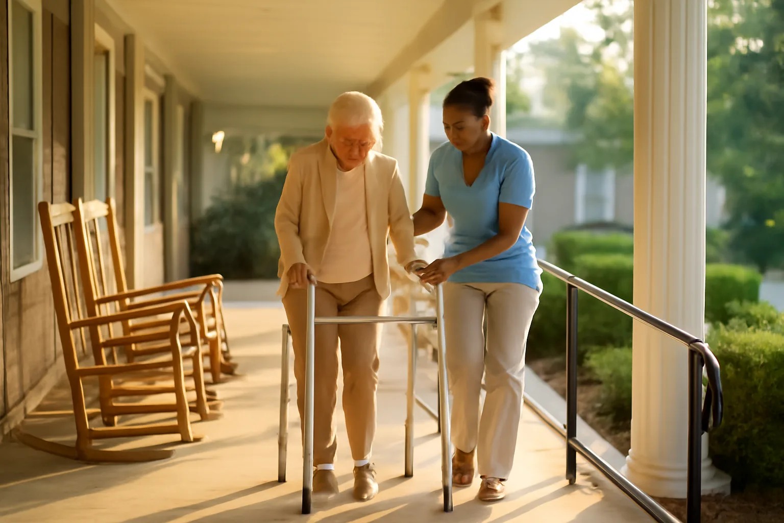 Caregiver assisting a senior on the porch ramp of a licensed Tennessee assisted living home