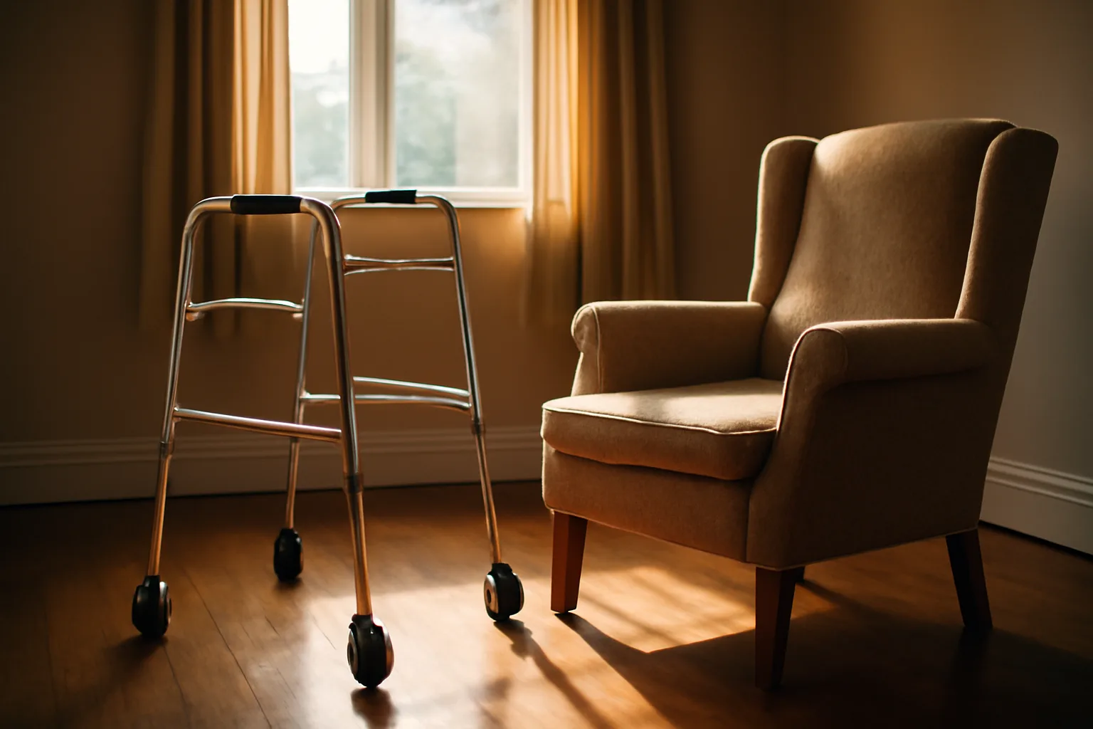 Sunlit living room in a Tennessee assisted living residential care home with a walker