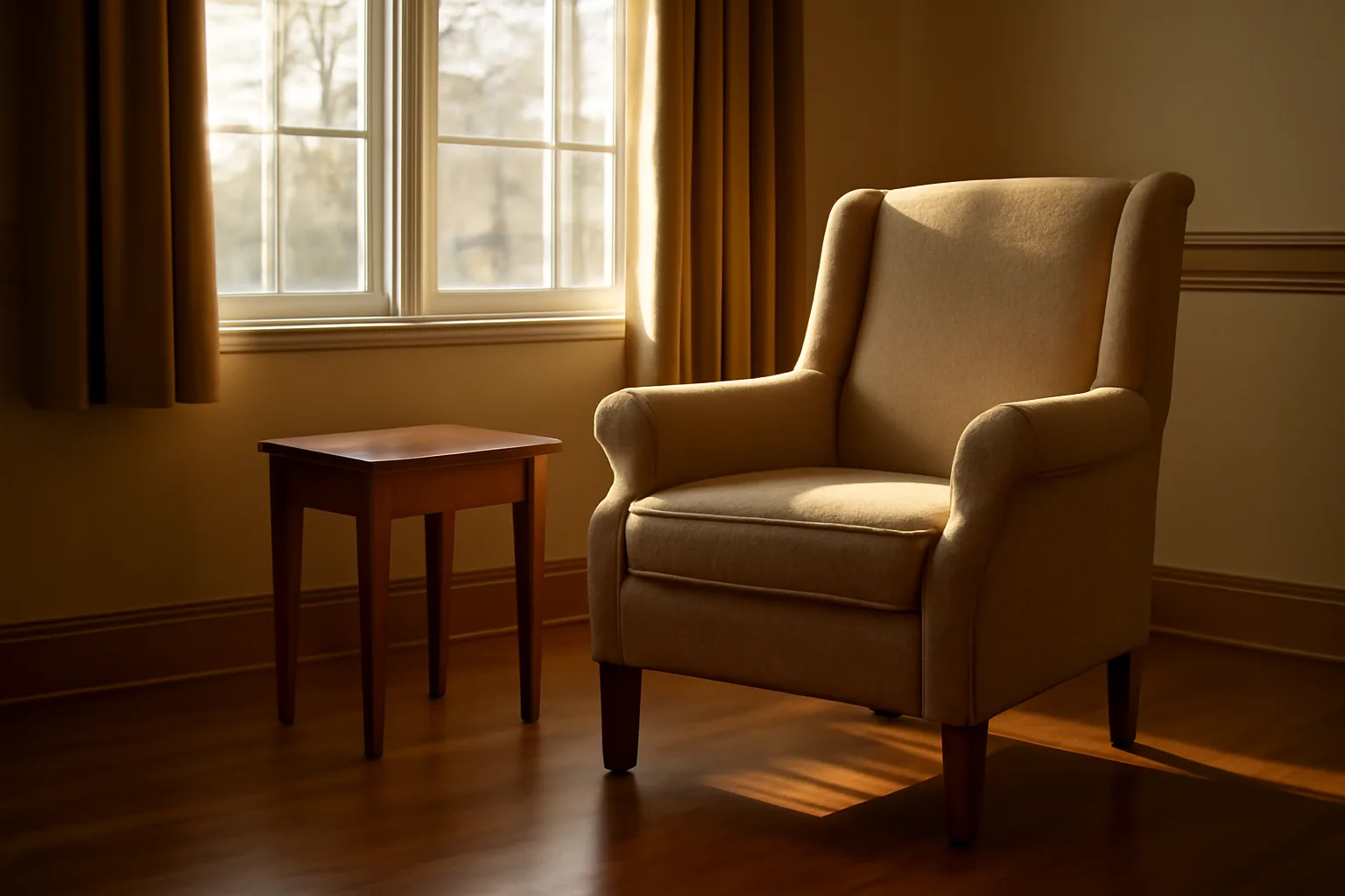Sunlit common room in a Texas assisted living facility with empty armchair