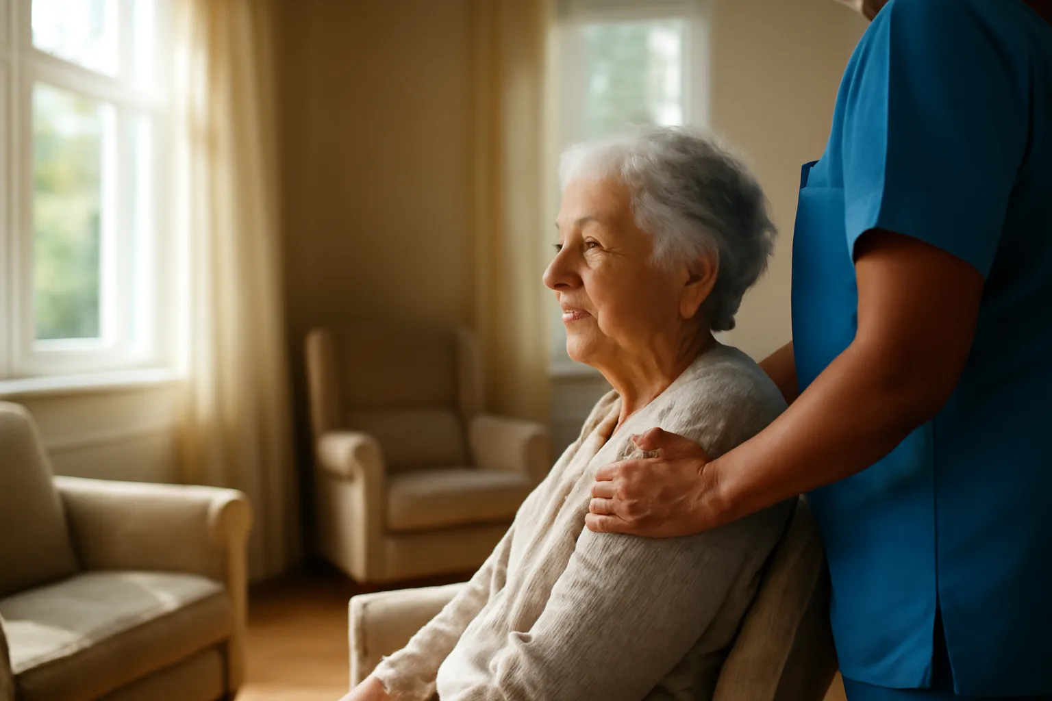 Bright living room in a Texas assisted living facility with caregiver and resident