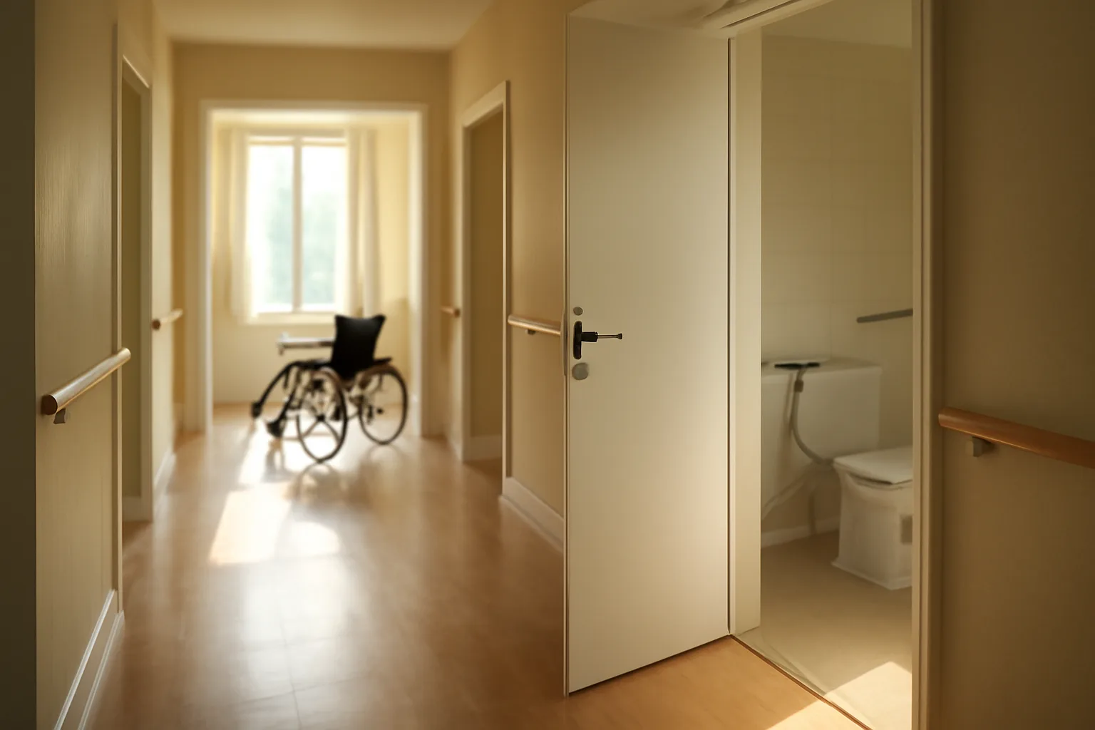 Hallway inside a licensed Texas assisted living facility with handrails and accessible doorways