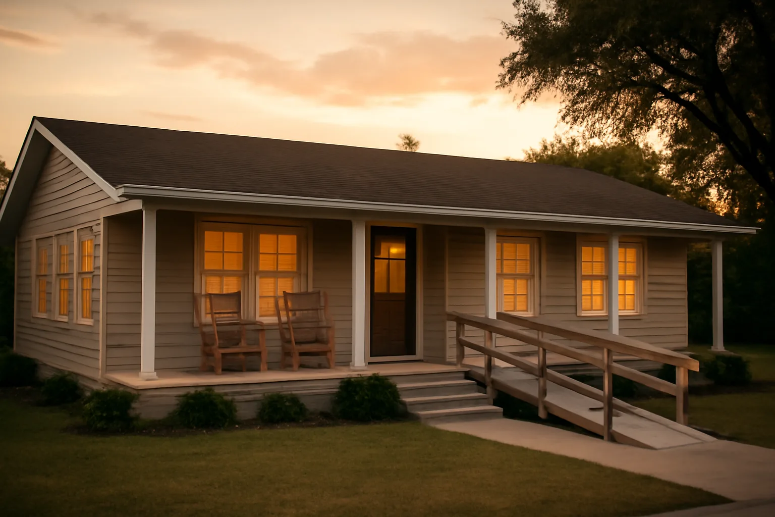 Texas residential assisted living home exterior with porch and wheelchair ramp at dusk
