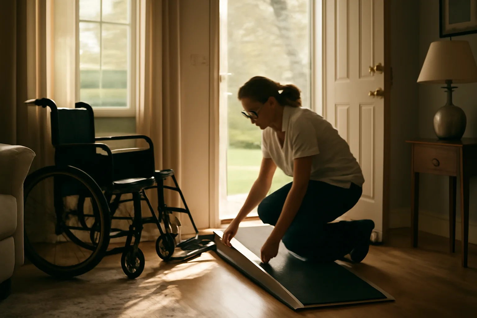 Caregiver checking a wheelchair ramp at a Texas group home entrance in morning light