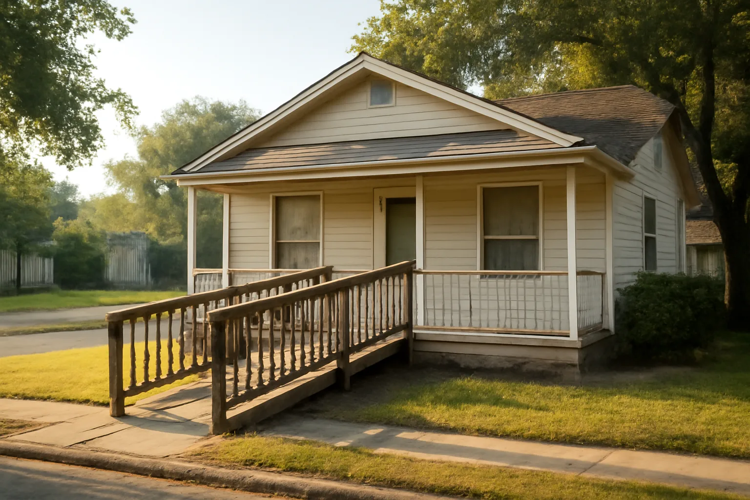 Single-story residential group home with wheelchair ramp in a Texas neighborhood