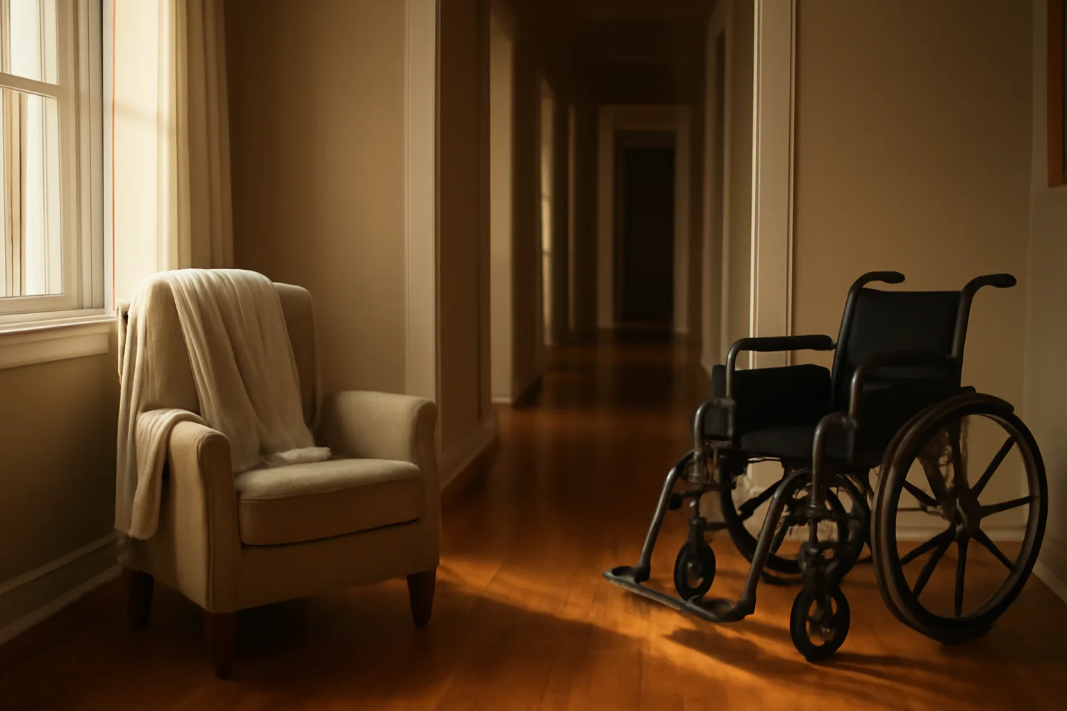 Empty accessible hallway inside a Texas group home during golden hour light