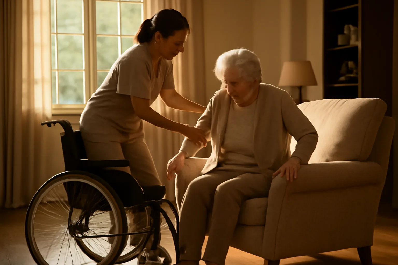 Caregiver helping an older resident in a Texas assisted living home living room