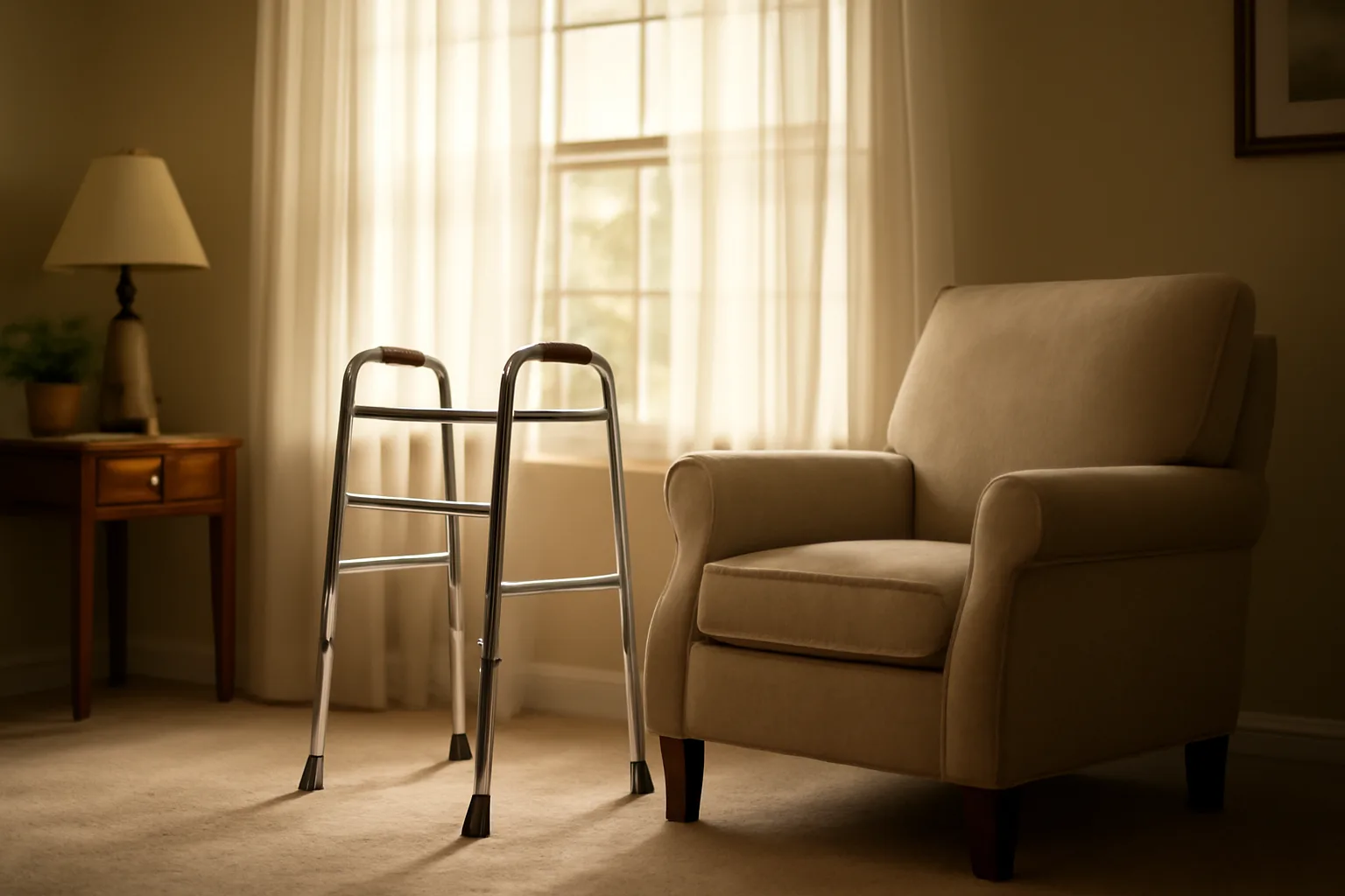 Living room in a Texas assisted living facility with afternoon light and a walker by the window